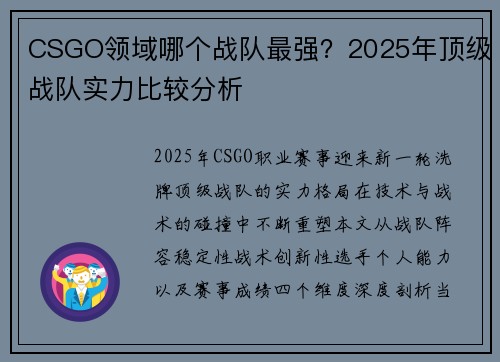 CSGO领域哪个战队最强？2025年顶级战队实力比较分析