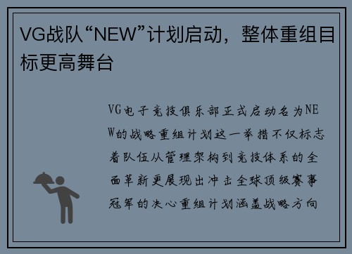 VG战队“NEW”计划启动，整体重组目标更高舞台