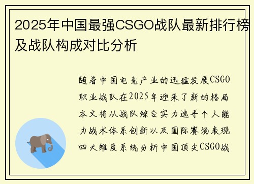 2025年中国最强CSGO战队最新排行榜及战队构成对比分析